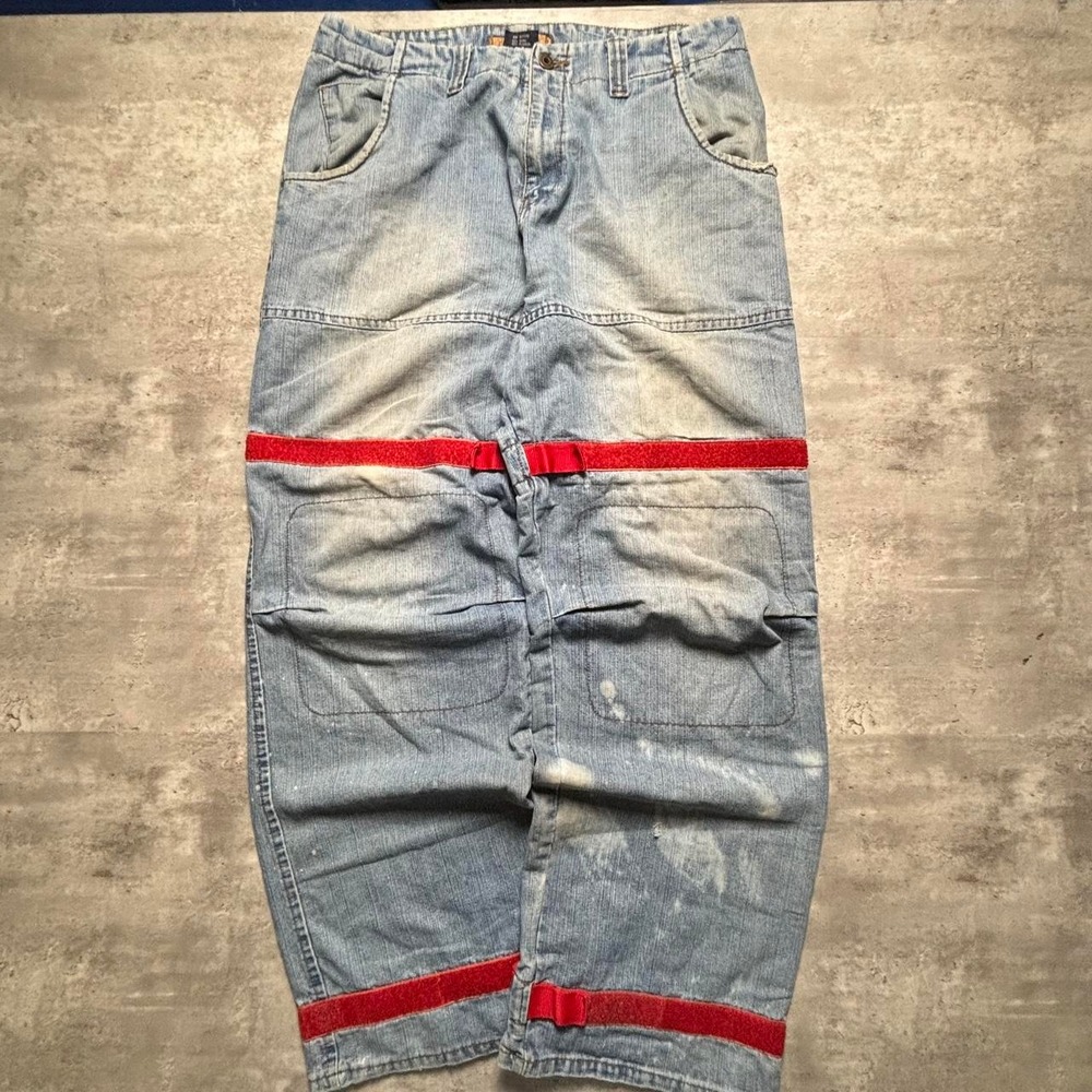 Liberty Baggy Jeans Mens 34 Blue Excellent 90s Faded Light Red Straps M5209
